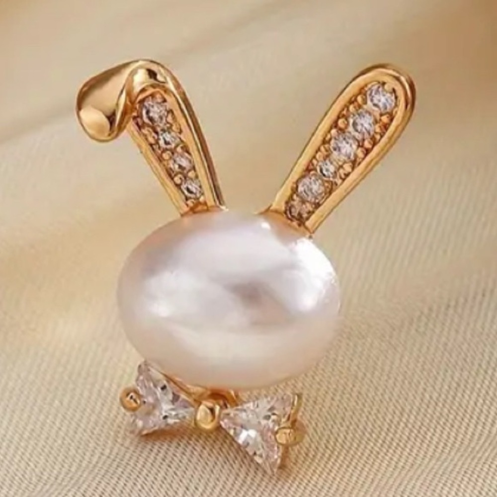 Bunny Rhinestone | Pearl Bougie Ears & Bow Tie Stud Gold Tone Earrings LAST PAIR - Picture 3 of 10